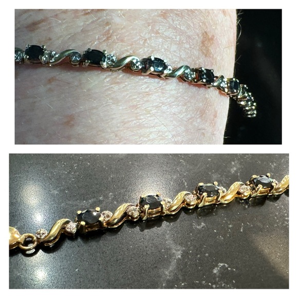 10k Yellow Gold Blue Sapphires and Diamonds Bracelet size 7 - Picture 3 of 6